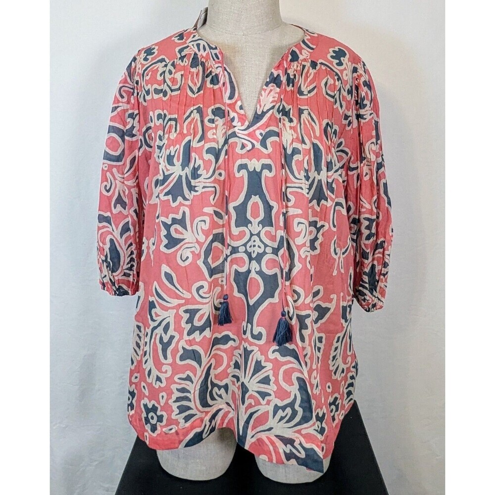 Philosophy Women’s Blouse 2X Coral Blue Print 100% Cotton Tassel NWT